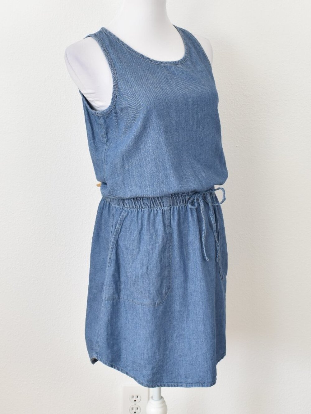 PACT Chambray Sleeveless Drawstring Mini Tank Dress - M - Picture 6 of 9